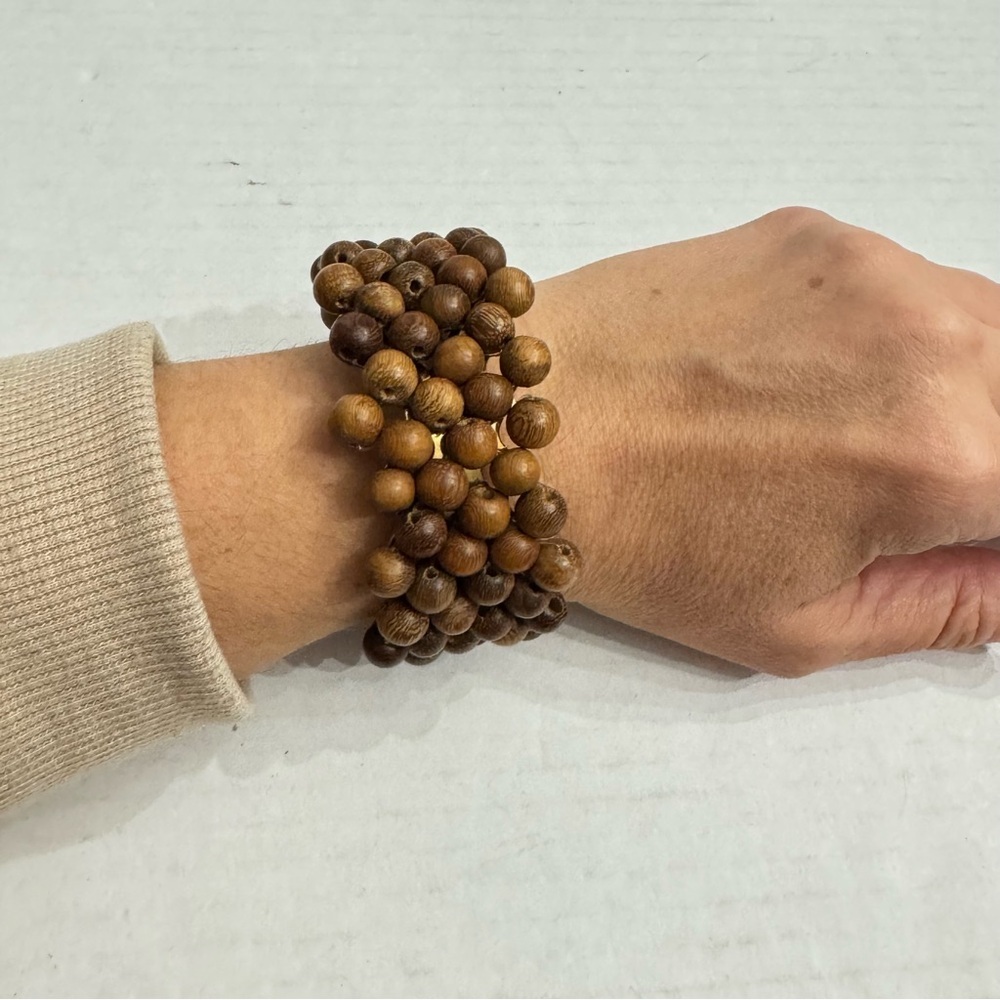 Wood Bead Cuff Bracelet with a Gold Tone Metal Frame Tribal Boho Natural Jewelry